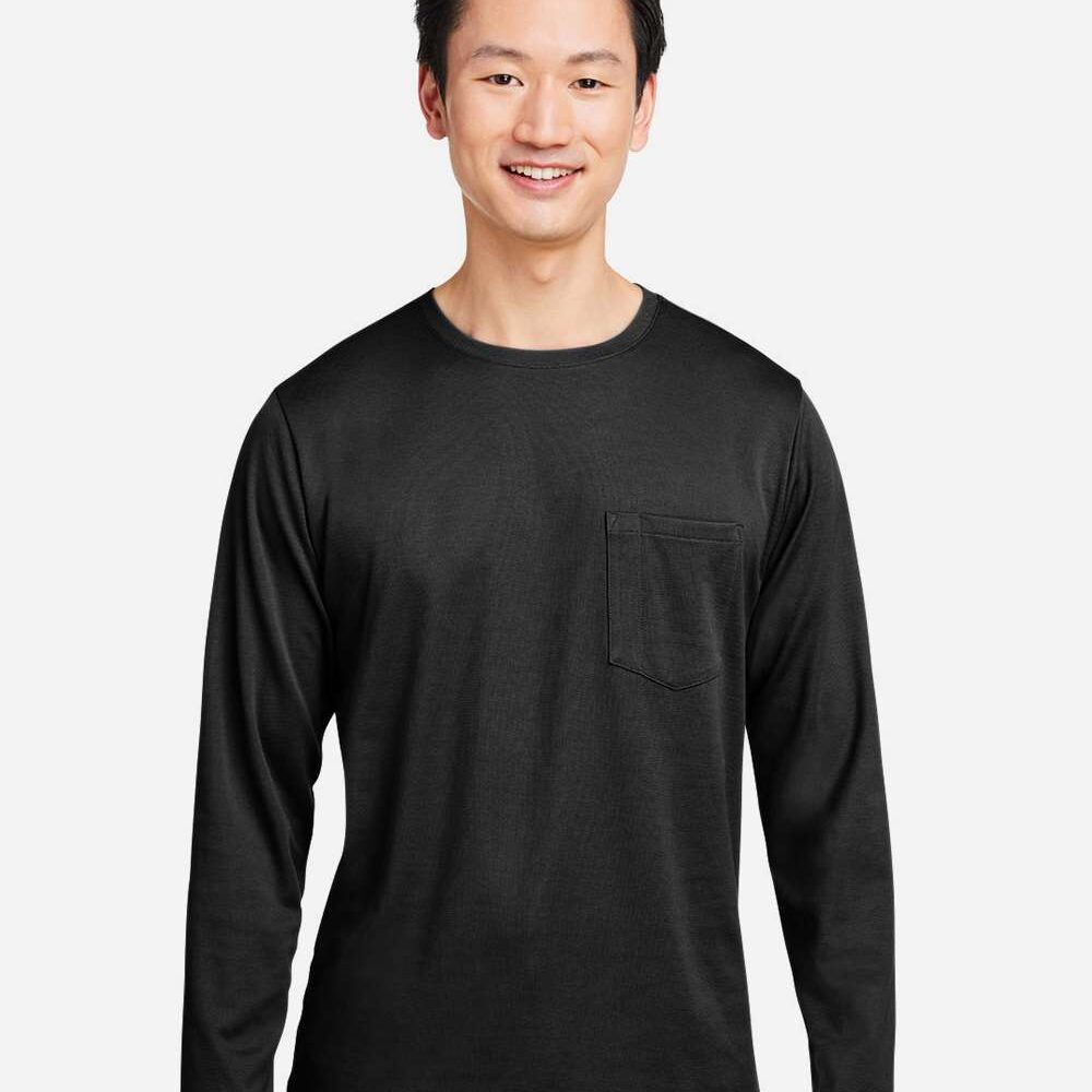 Man wearing a black long-sleeve t-shirt with a pocket