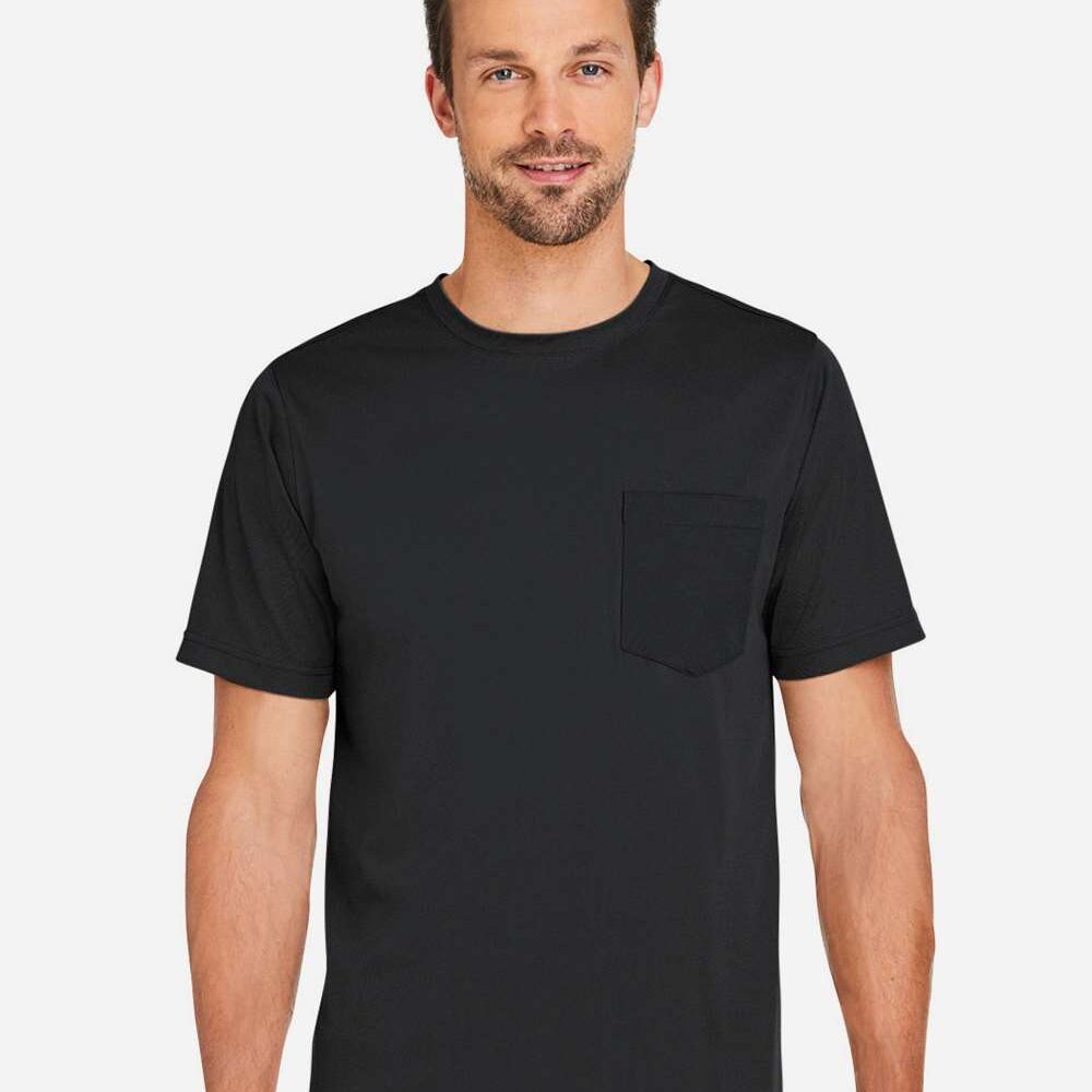 Man in black short-sleeve crew neck t-shirt with pocket