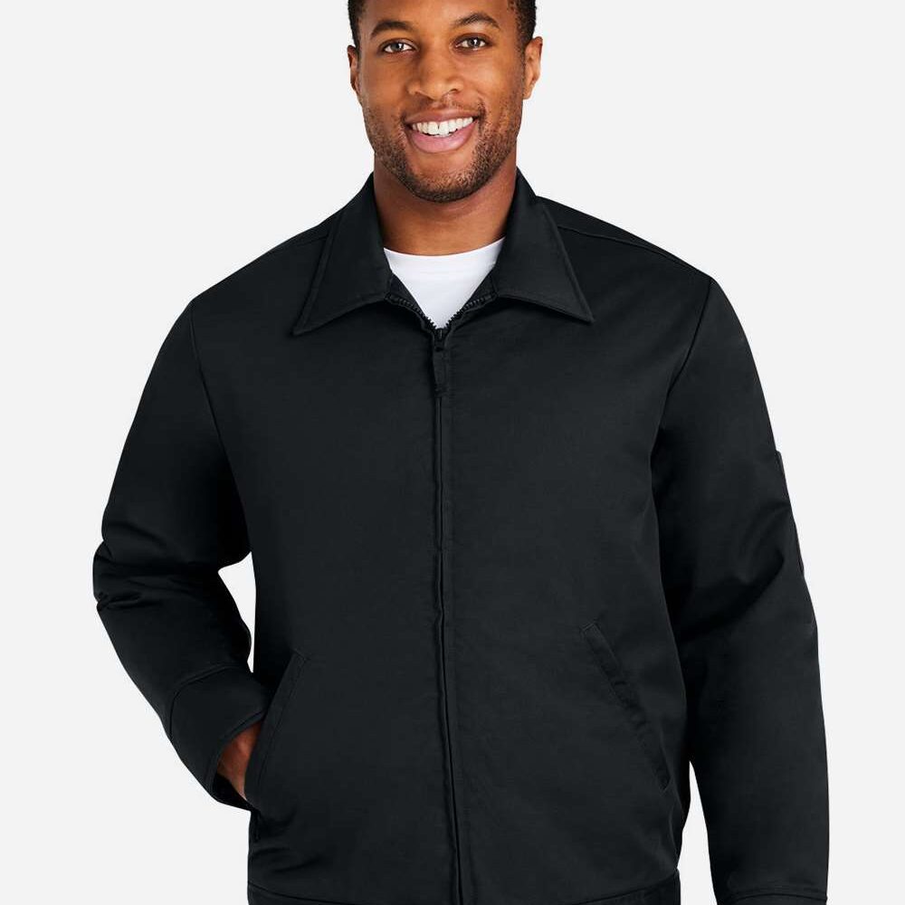 Black work jacket on a smiling man.