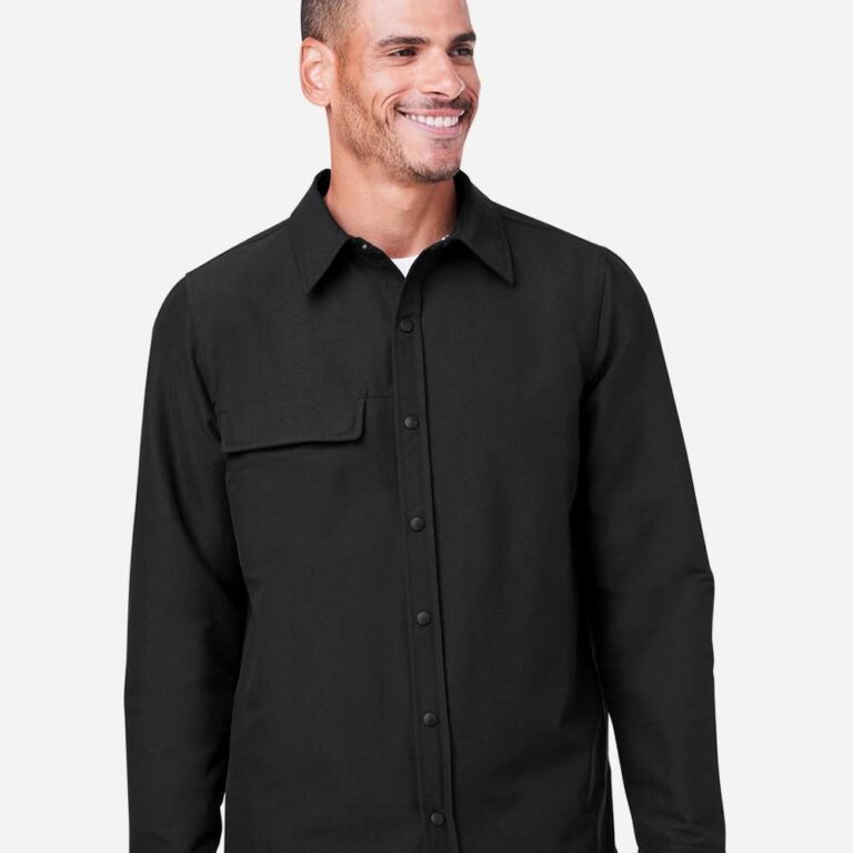 Man wearing a black button up work shirt with chest pocket.