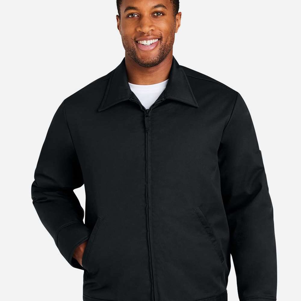 Black Harrington jacket worn by smiling man