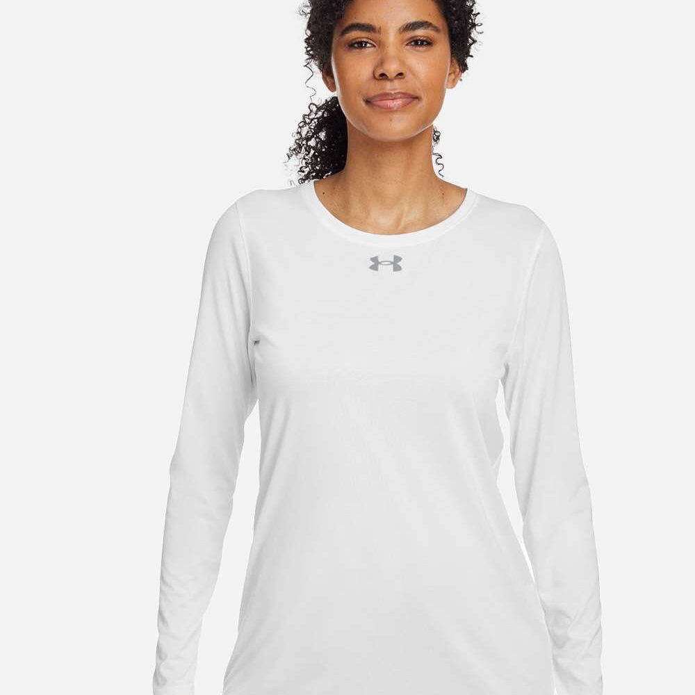 woman wearing a white Under Armour long sleeve t-shirt
