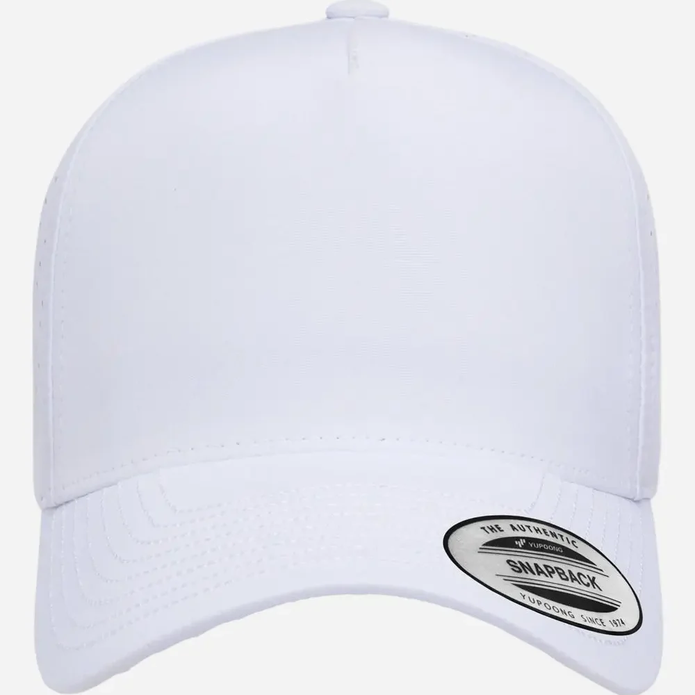 White Yupoong snapback baseball cap with mesh sides and curved brim