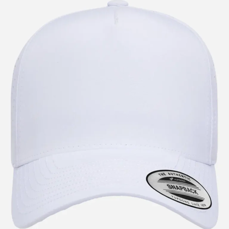 White Yupoong snapback baseball cap with mesh sides and curved brim
