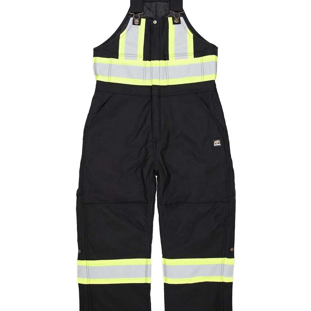 Black insulated bib overalls with high-visibility yellow and silver reflective stripes.