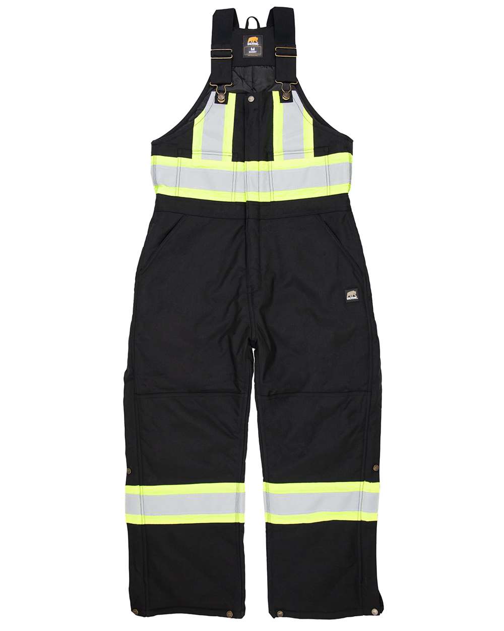 Black insulated bib overalls with high-visibility yellow and silver reflective stripes.