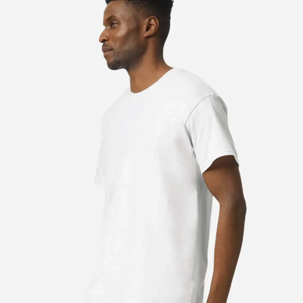 Man wearing a plain white t-shirt and blue jeans, profile view
