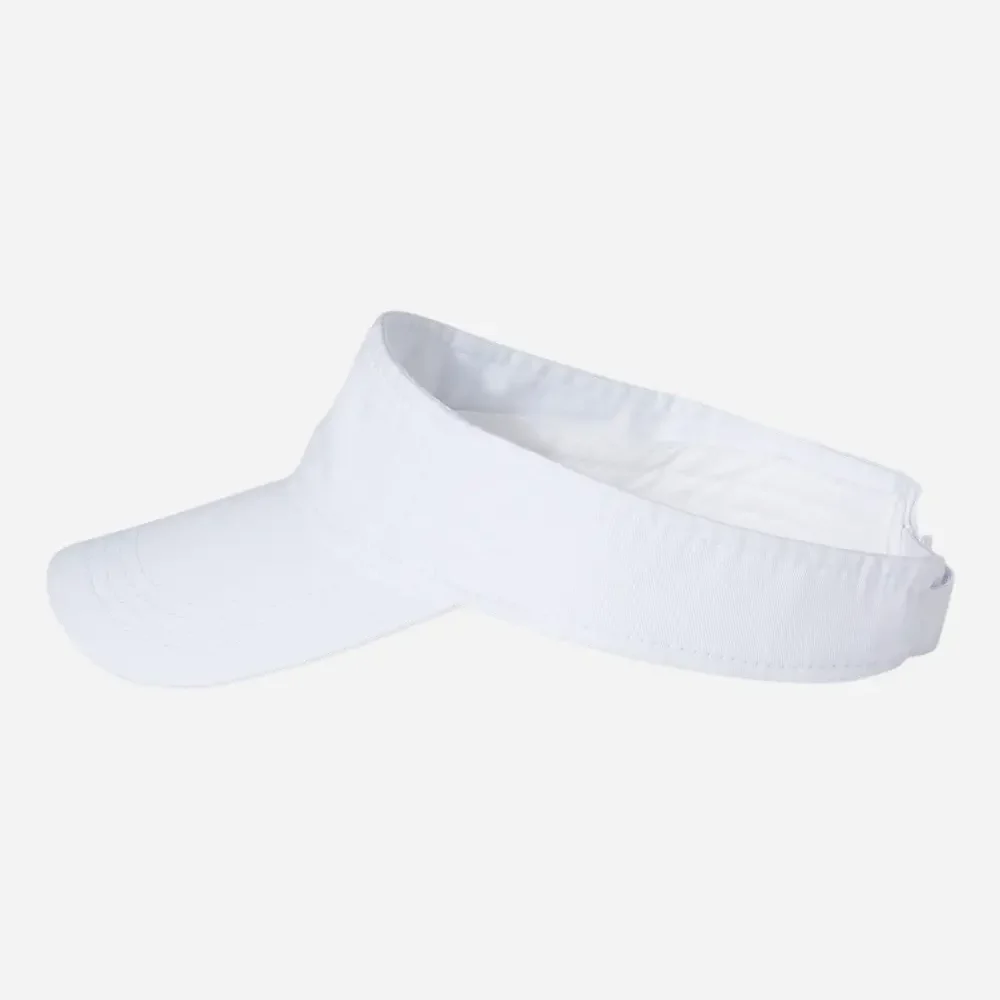 White athletic visor with soft fabric and flexible brim.