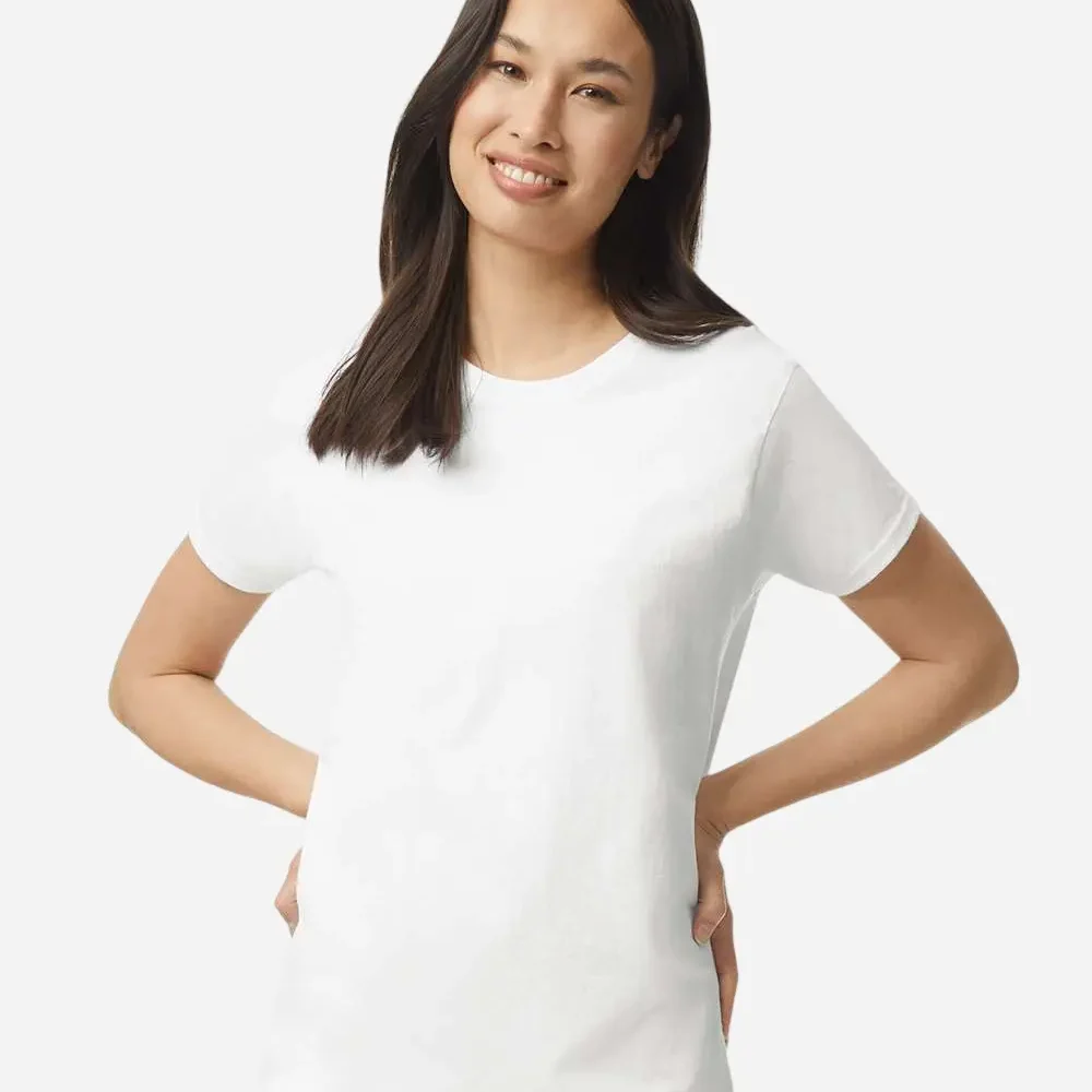 Woman wearing a plain white t-shirt with hands on hips