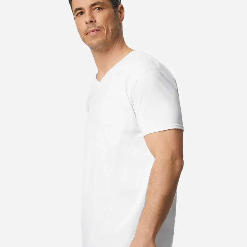 Man wearing white v-neck t-shirt