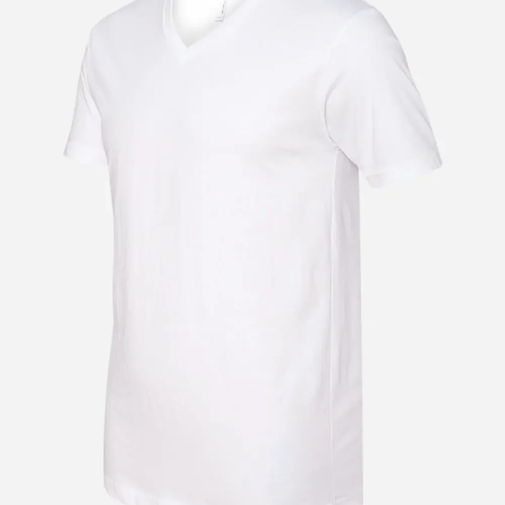 White V-neck t-shirt on a light grey background.