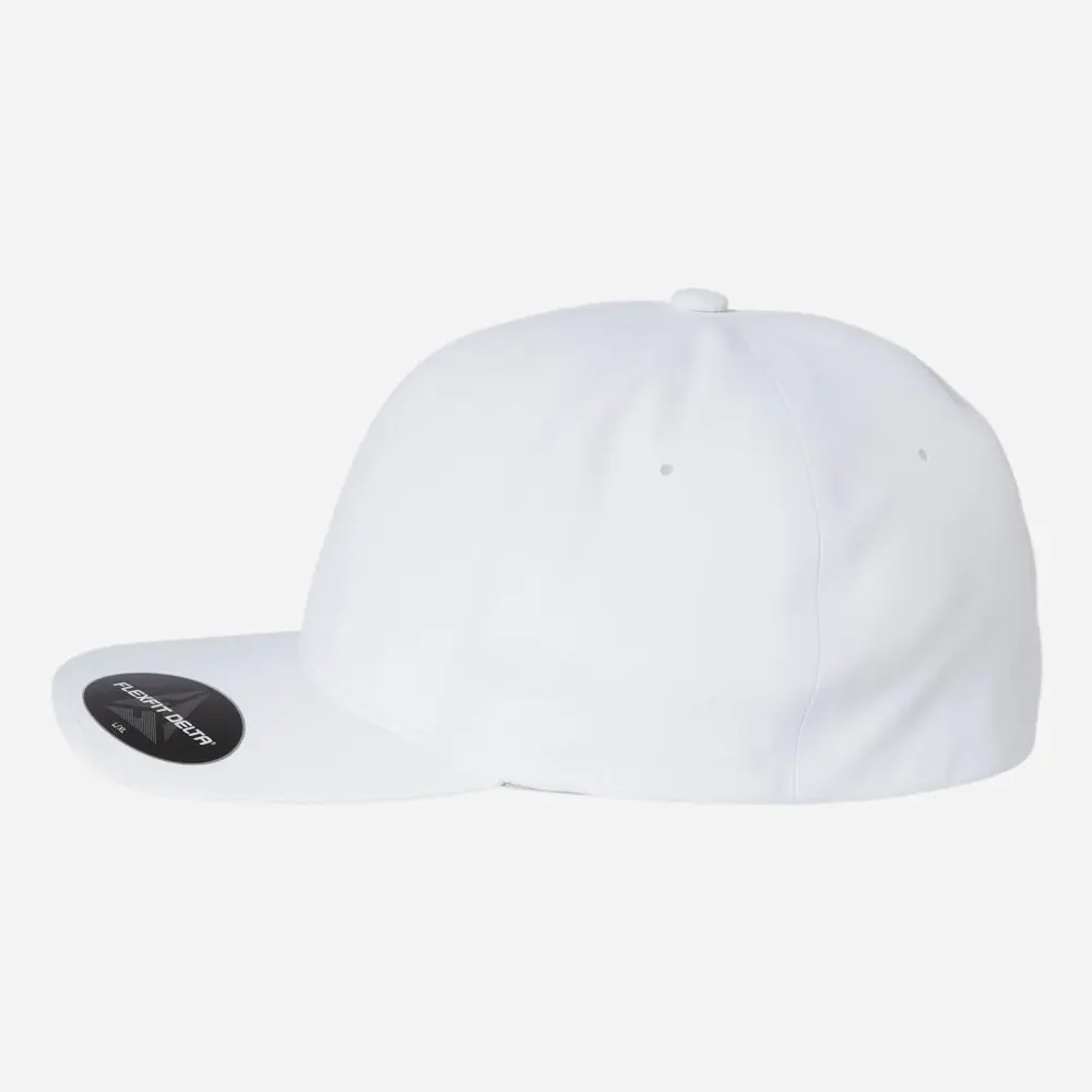 Plain white Flexfit Delta baseball cap with flat brim