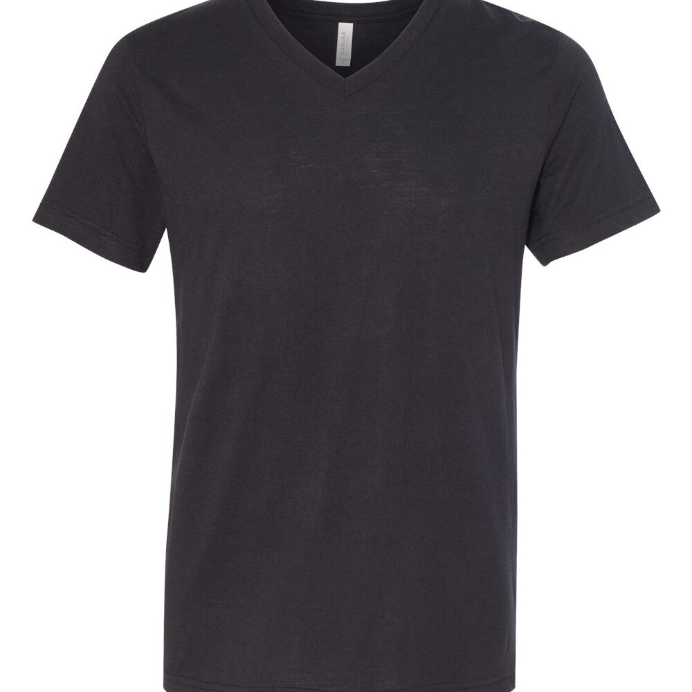 Black V-neck t-shirt with short sleeves and a white tag.