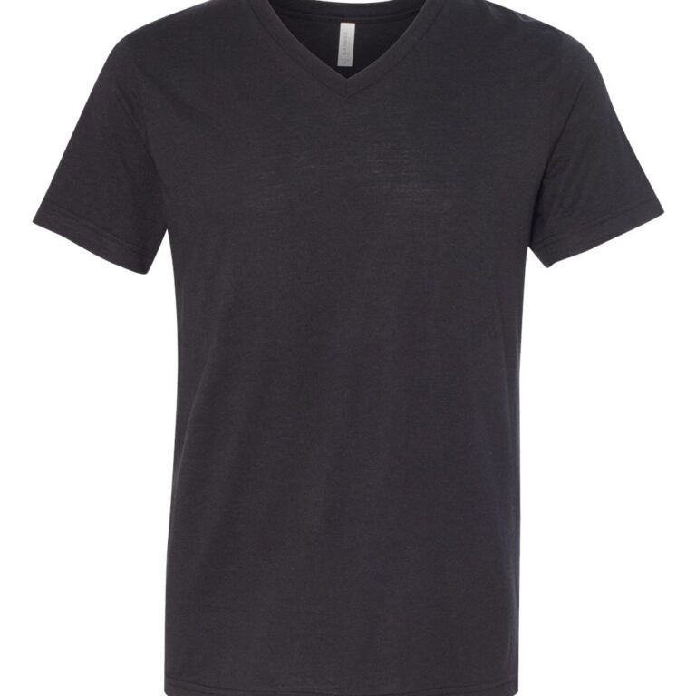 Black V-neck t-shirt with short sleeves and a white tag.