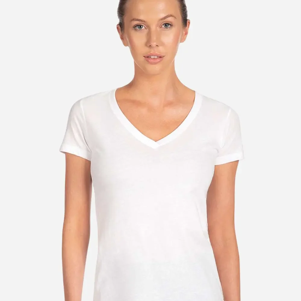 Woman wearing a white v-neck t-shirt on a grey background
