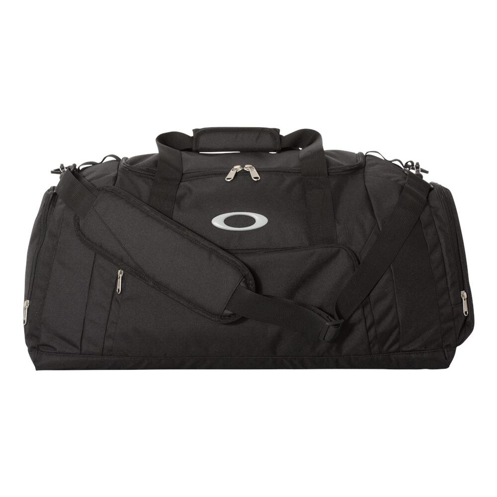 Black Oakley duffel bag with silver logo and shoulder strap