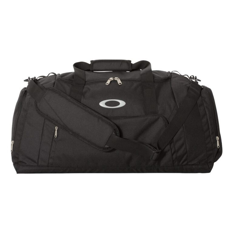 Black Oakley duffel bag with silver logo and shoulder strap