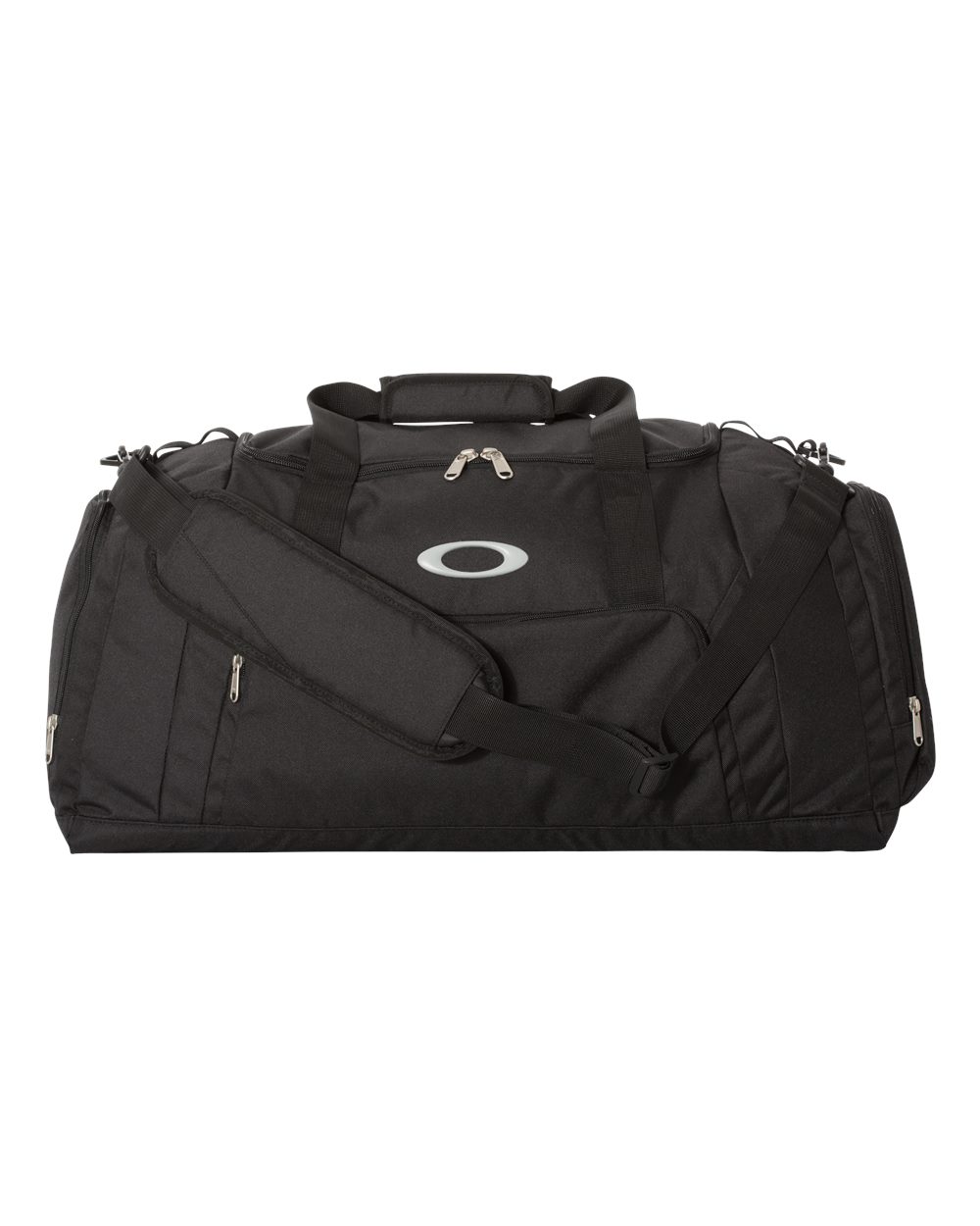 Black Oakley duffel bag with silver logo and shoulder strap