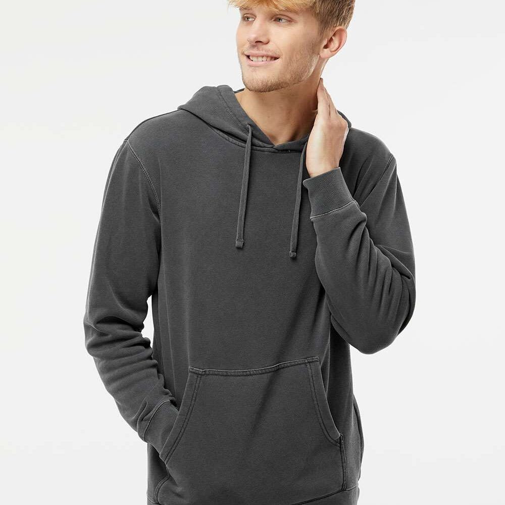 Man in charcoal grey washed-look pullover hoodie with a front kangaroo pocket and drawstrings.