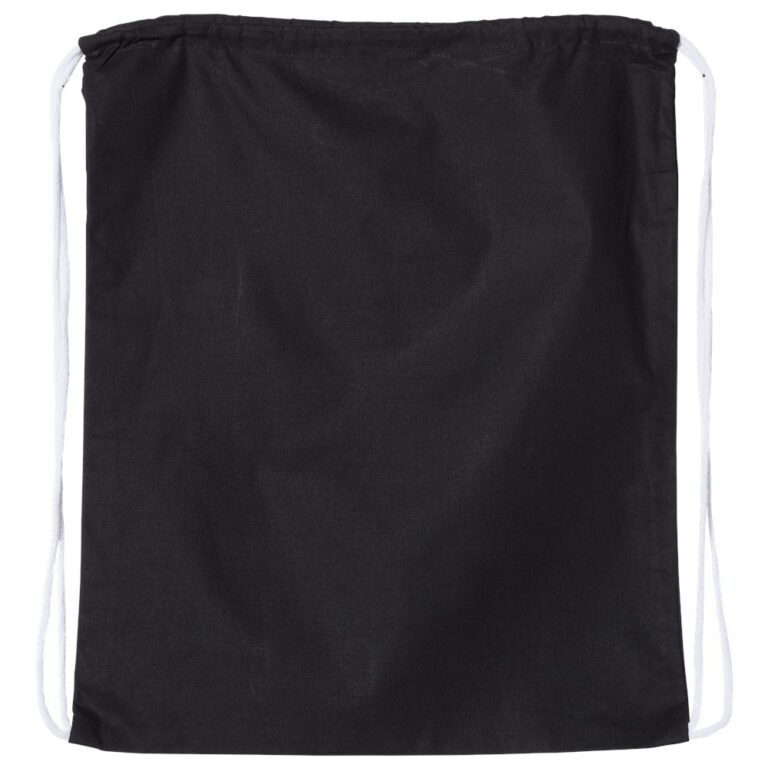 Black drawstring backpack with white cord handles