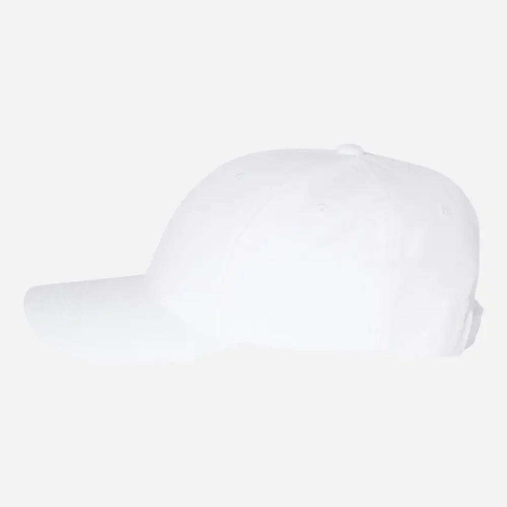 White baseball cap, side view