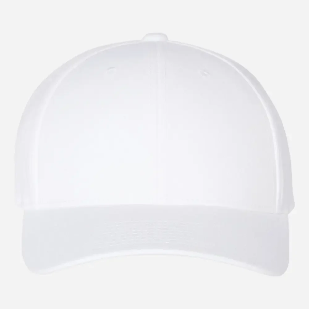 Plain white baseball cap with curved brim and stitched details