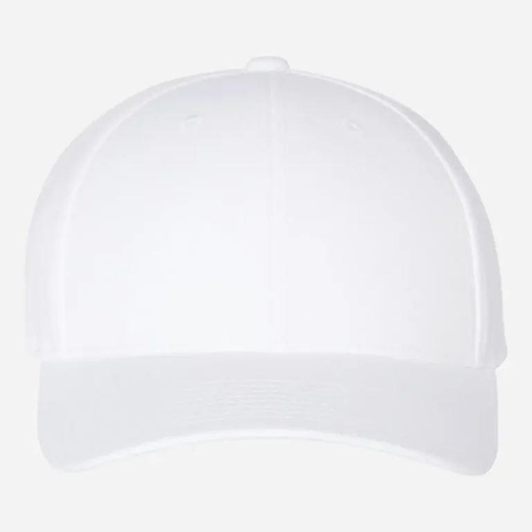 Plain white baseball cap with curved brim and stitched details