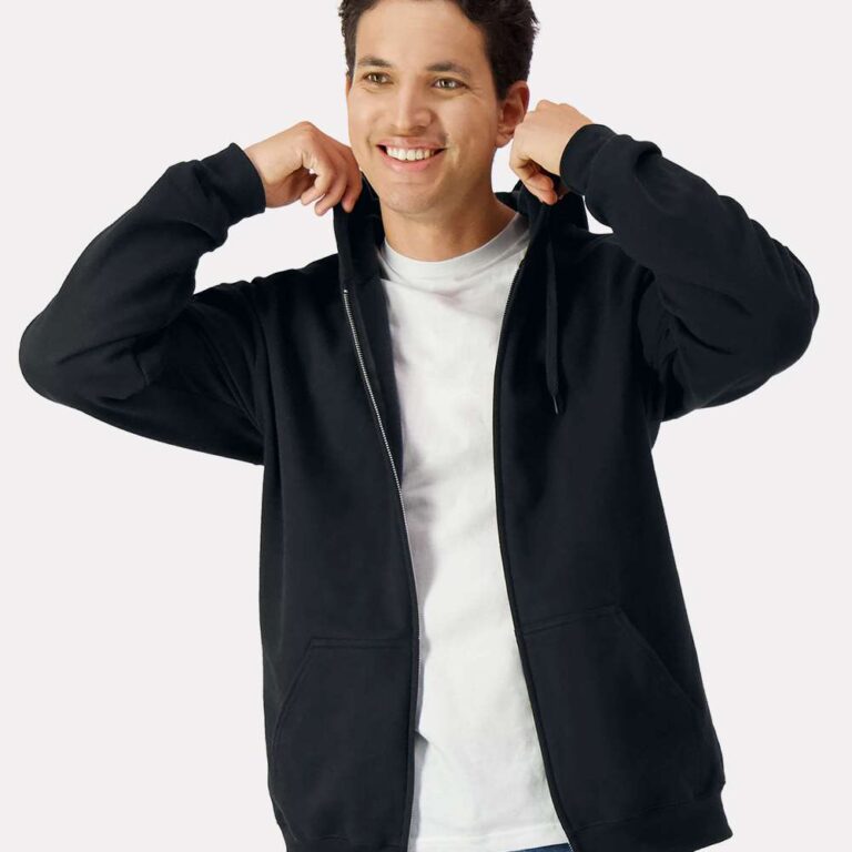 Man wearing a black zippered hoodie and blue jeans