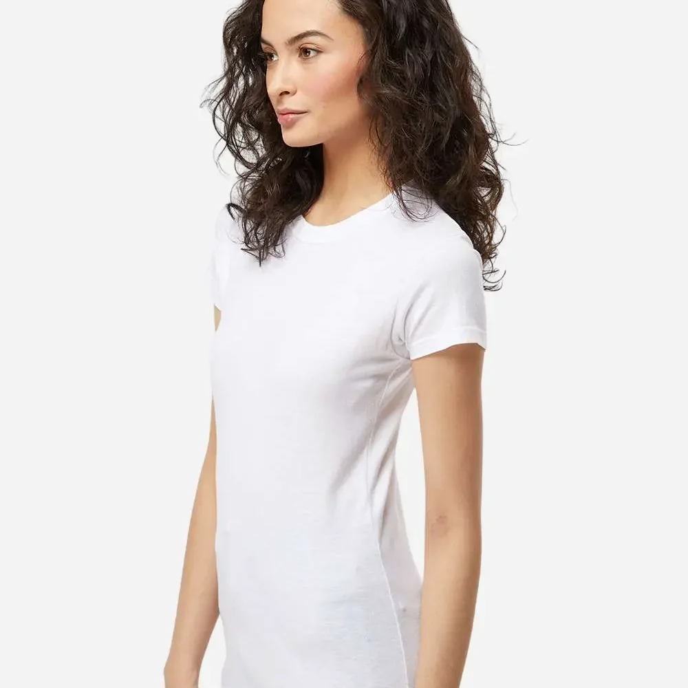 Woman in a white crew neck t shirt and dark jeans, profile view