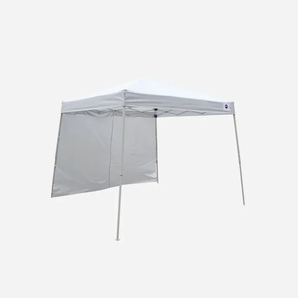 White portable canopy with one sidewall and metal legs