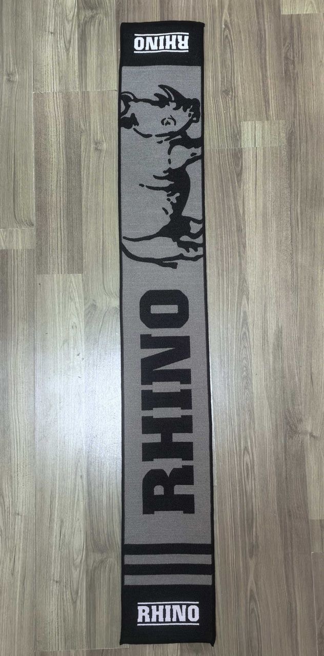Grey scarf with a black rhino graphic and RHINO text