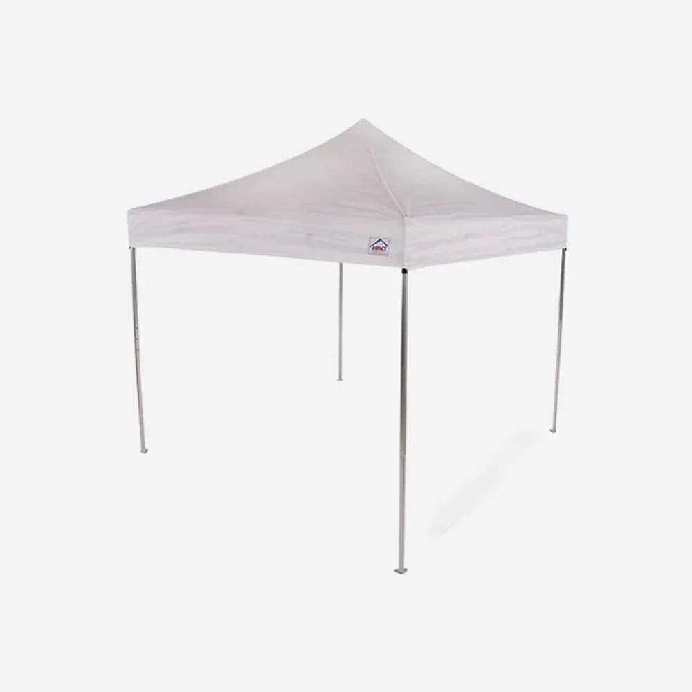 White pop up canopy tent with metal frame and logo on fabric