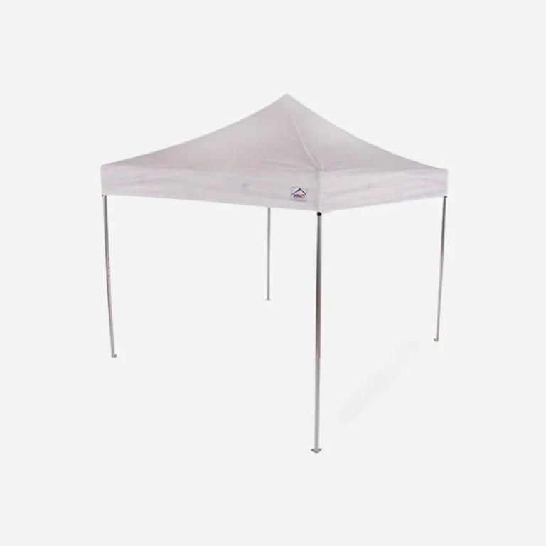White pop up canopy tent with metal frame and logo on fabric