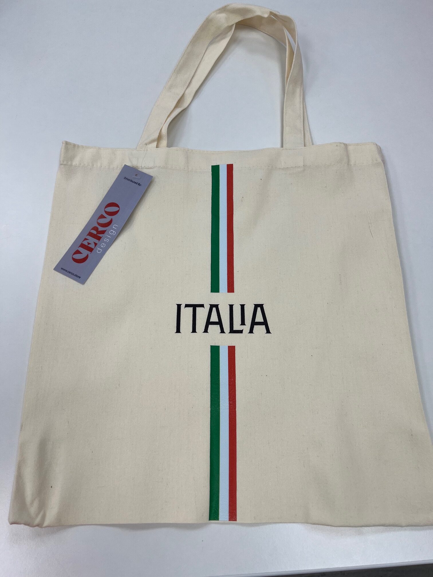 Canvas tote bag with vertical green white red stripes and "ITALIA" text