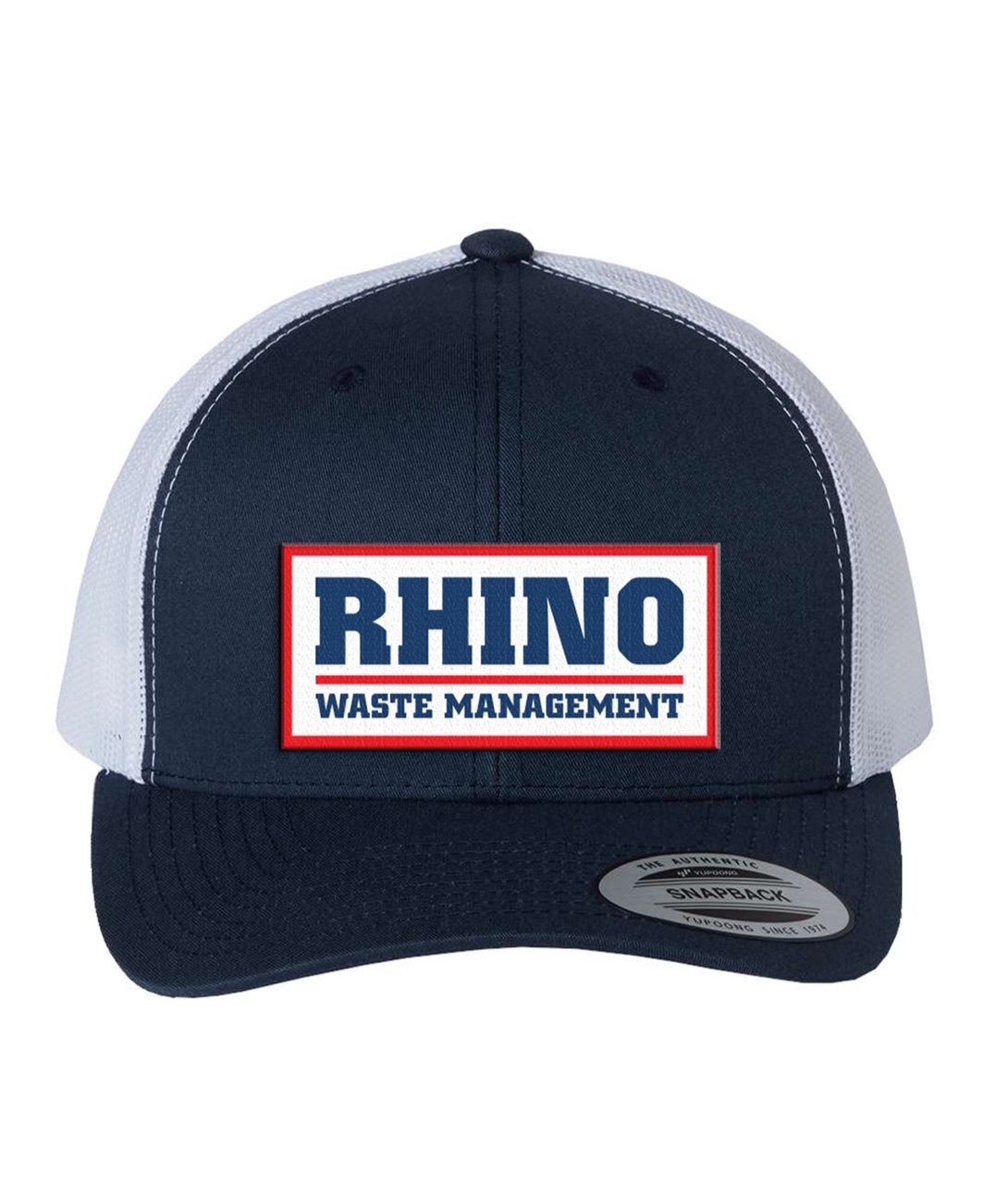 Navy and white trucker cap with Rhino Waste Management logo