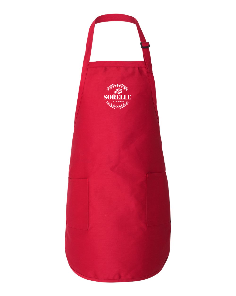 Red Sorelle Catering apron with white logo and two front pockets