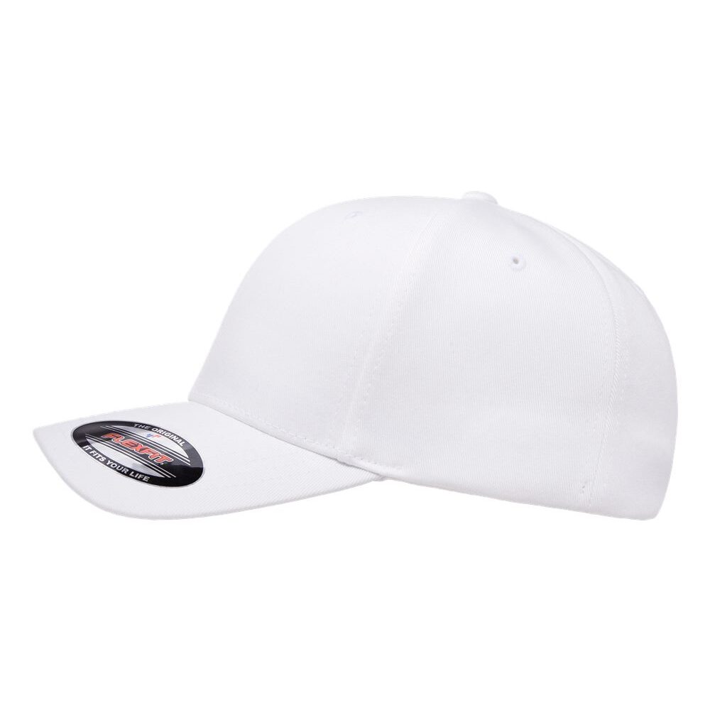 White baseball cap with Flexfit logo on the brim