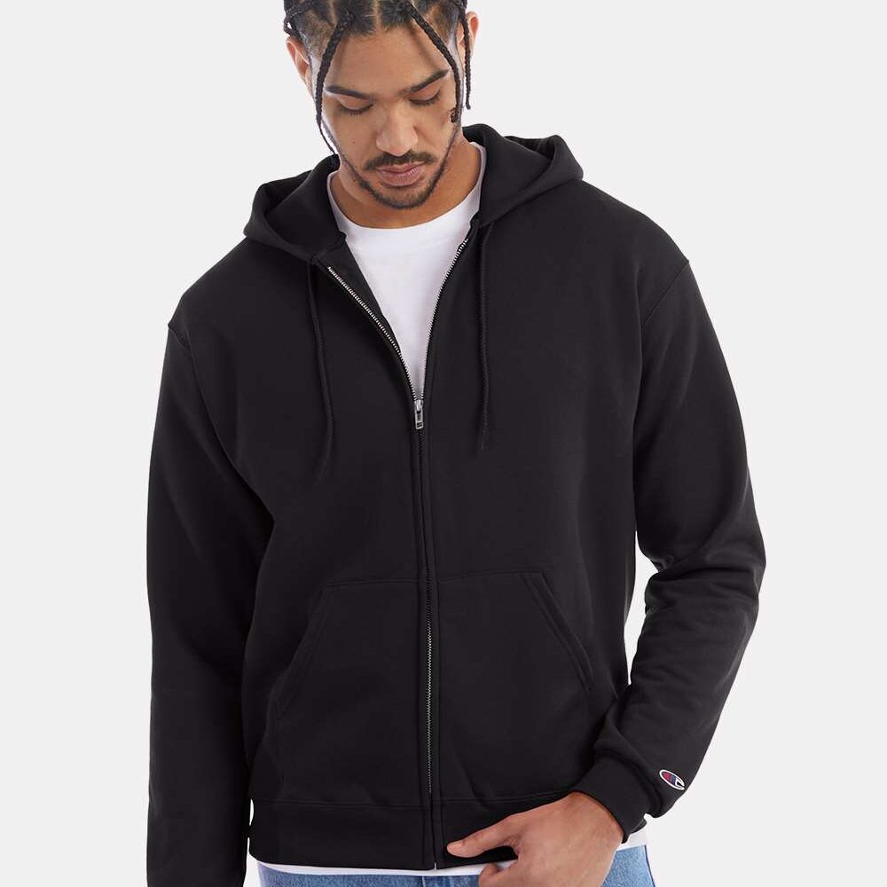 Black Champion zip-up hoodie with white t-shirt and blue jeans