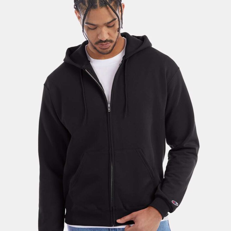 Black Champion zip-up hoodie with white t-shirt and blue jeans
