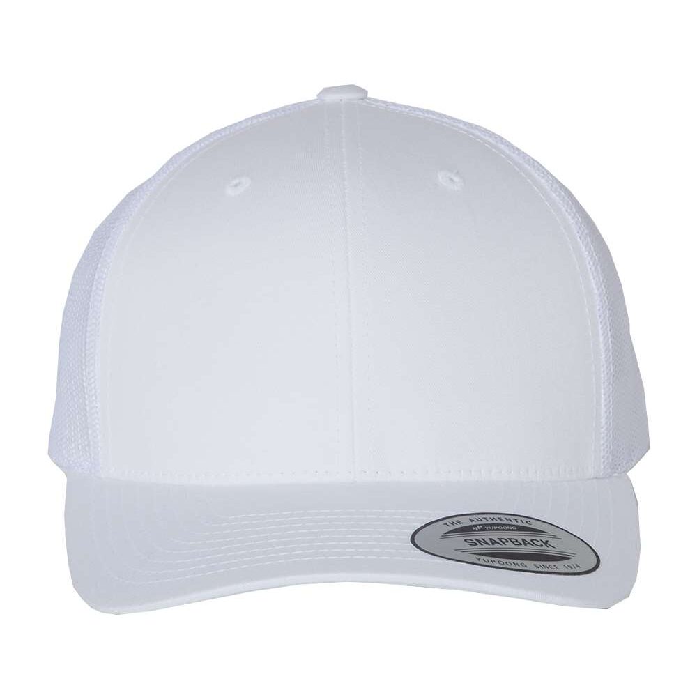White mesh back trucker cap with snapback closure