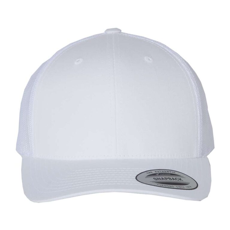 White mesh back trucker cap with snapback closure