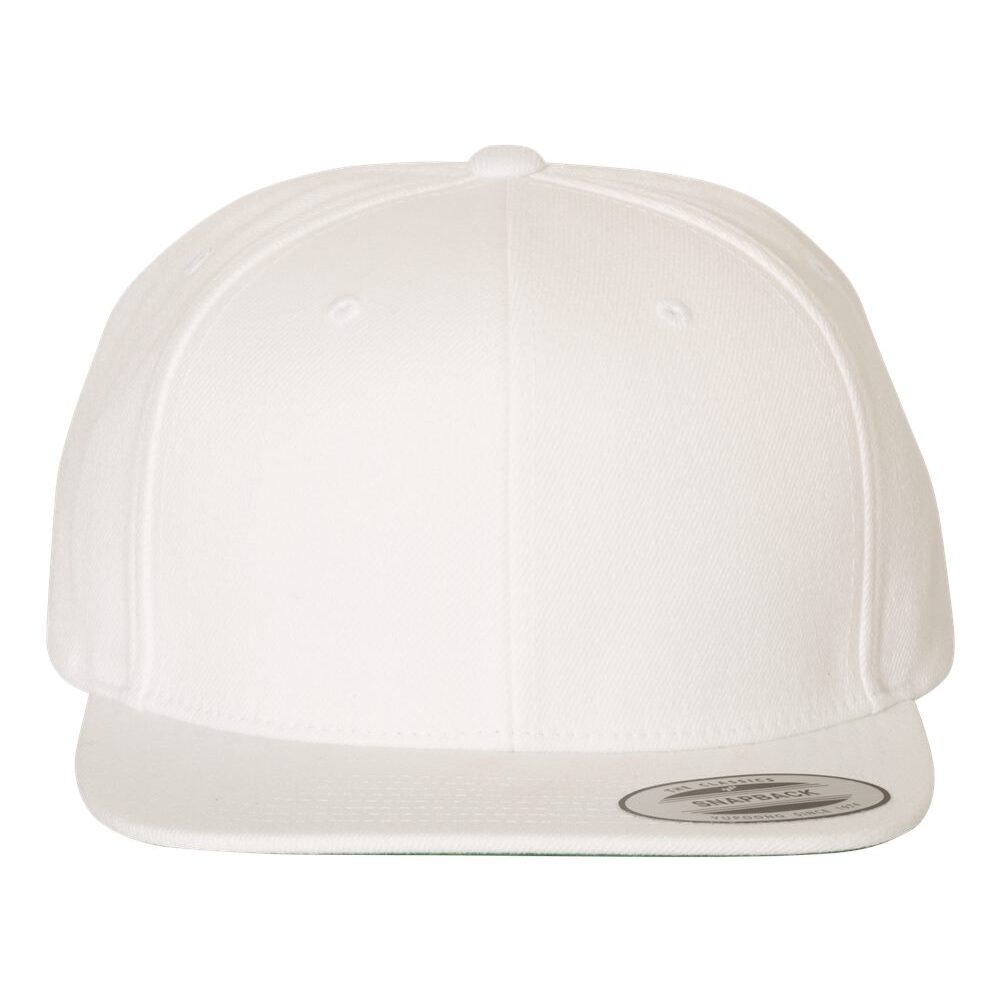 White flat brim baseball cap with snapback closure