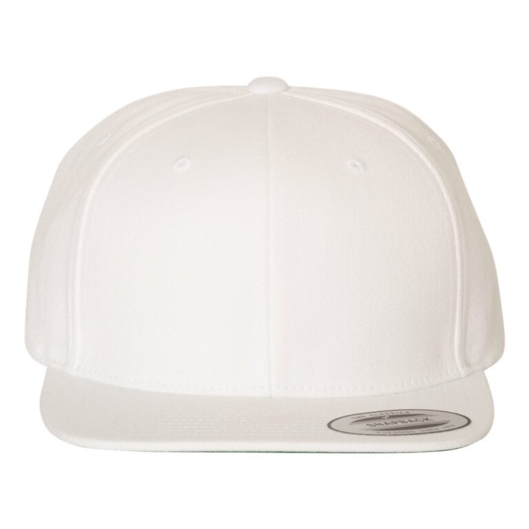 White flat brim baseball cap with snapback closure