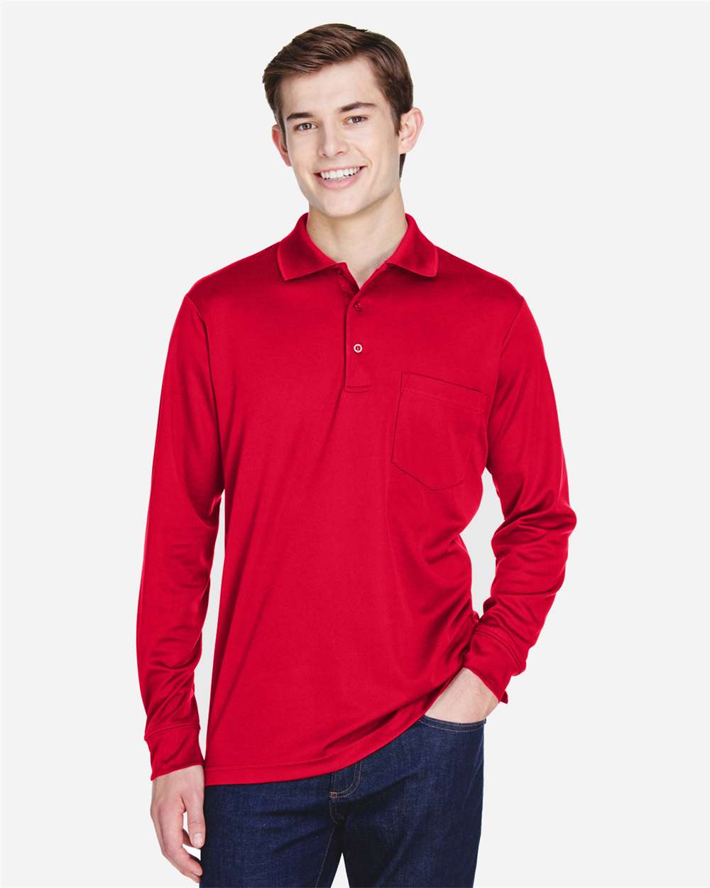 Men's Pinnacle Performance Long Sleeve Piqué Polo with Pocket – 88192P – Classic Red