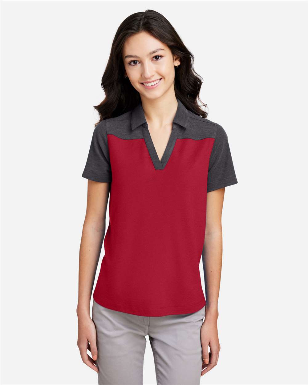 Women's Fusion ChromaSoft™ Colorblock Polo – CE112CW – Classic Red/ Carbon Heather