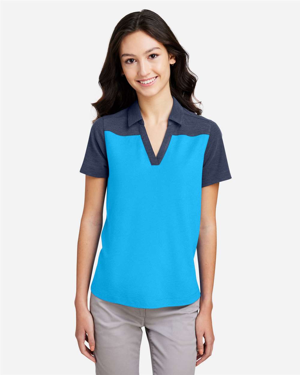 Women's Fusion ChromaSoft™ Colorblock Polo – CE112CW – Electric Blue/ Classic Navy Heather