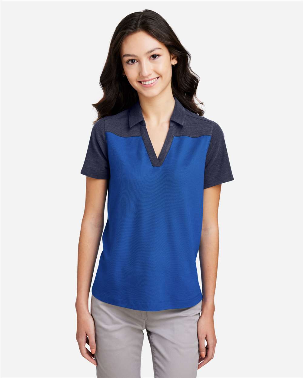Women's Fusion ChromaSoft™ Colorblock Polo – CE112CW – True Royal/ Classic Navy Heather