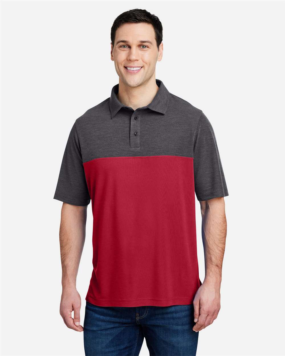 Men's Fusion ChromaSoft™ Colorblock Polo – CE112C – Classic Red/ Carbon Heather