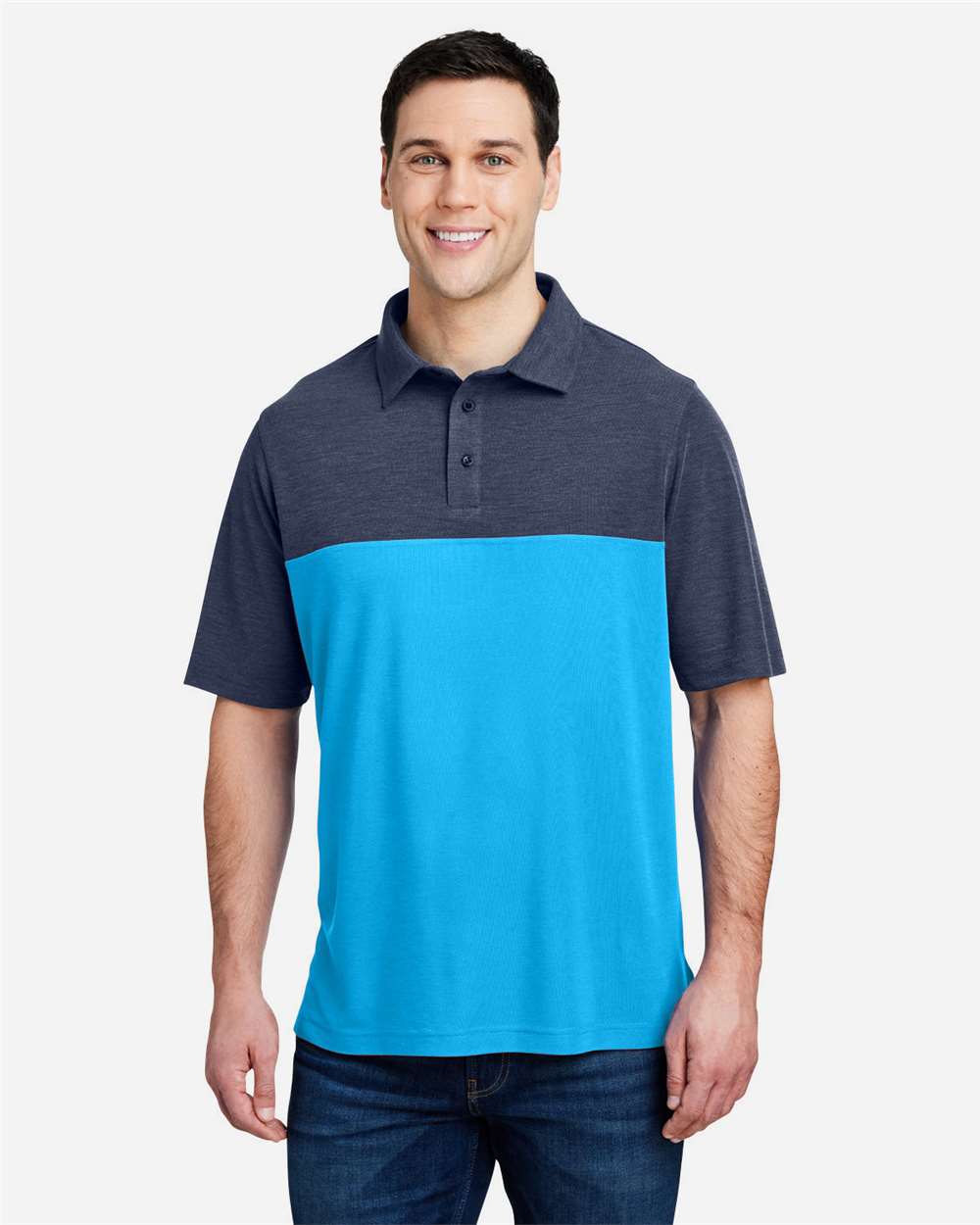 Men's Fusion ChromaSoft™ Colorblock Polo – CE112C – Electric Blue/ Classic Navy Heather