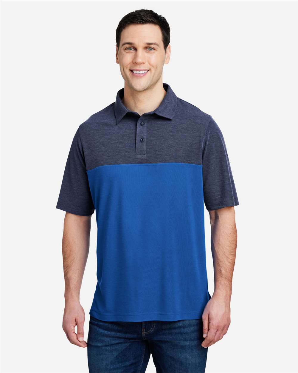 Men's Fusion ChromaSoft™ Colorblock Polo – CE112C – True Royal/ Classic Navy Heather